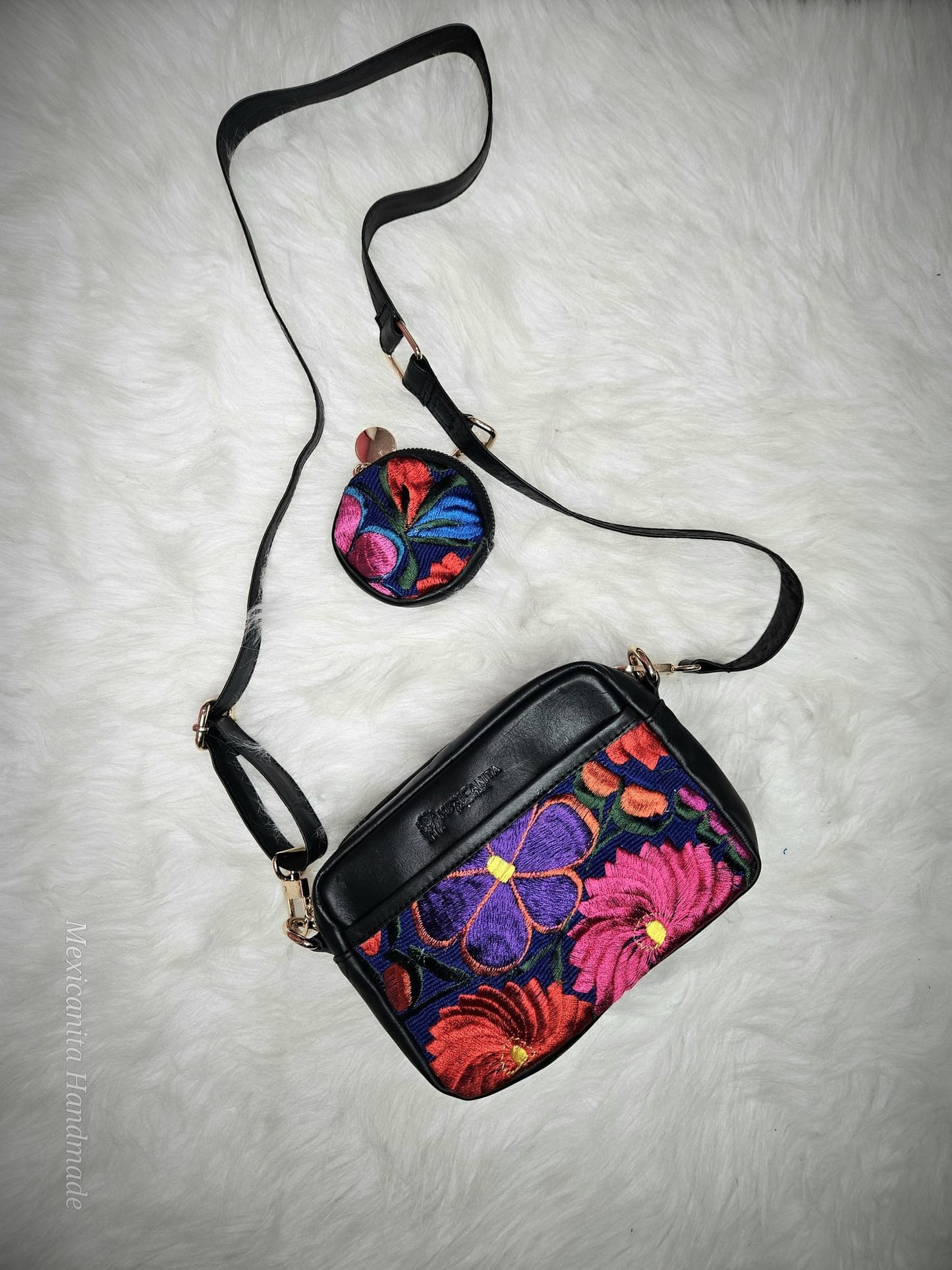 Bolso bandolera con mini monedero, bolso bordado, bolso mexicano, bolso de cuero para mujer, crossbody Con Monedero Bolsa