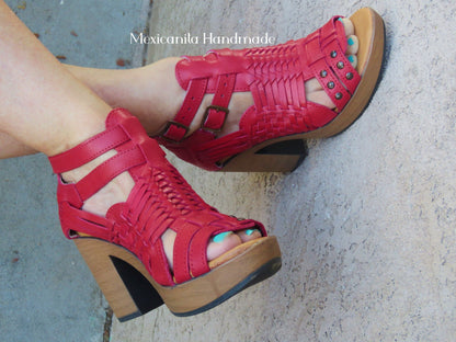 Emily Mexican block heel//High heel huarache//Mexican huarache//Mexican heels//Huarache mexicano//Mexican sandal//rRed high heels