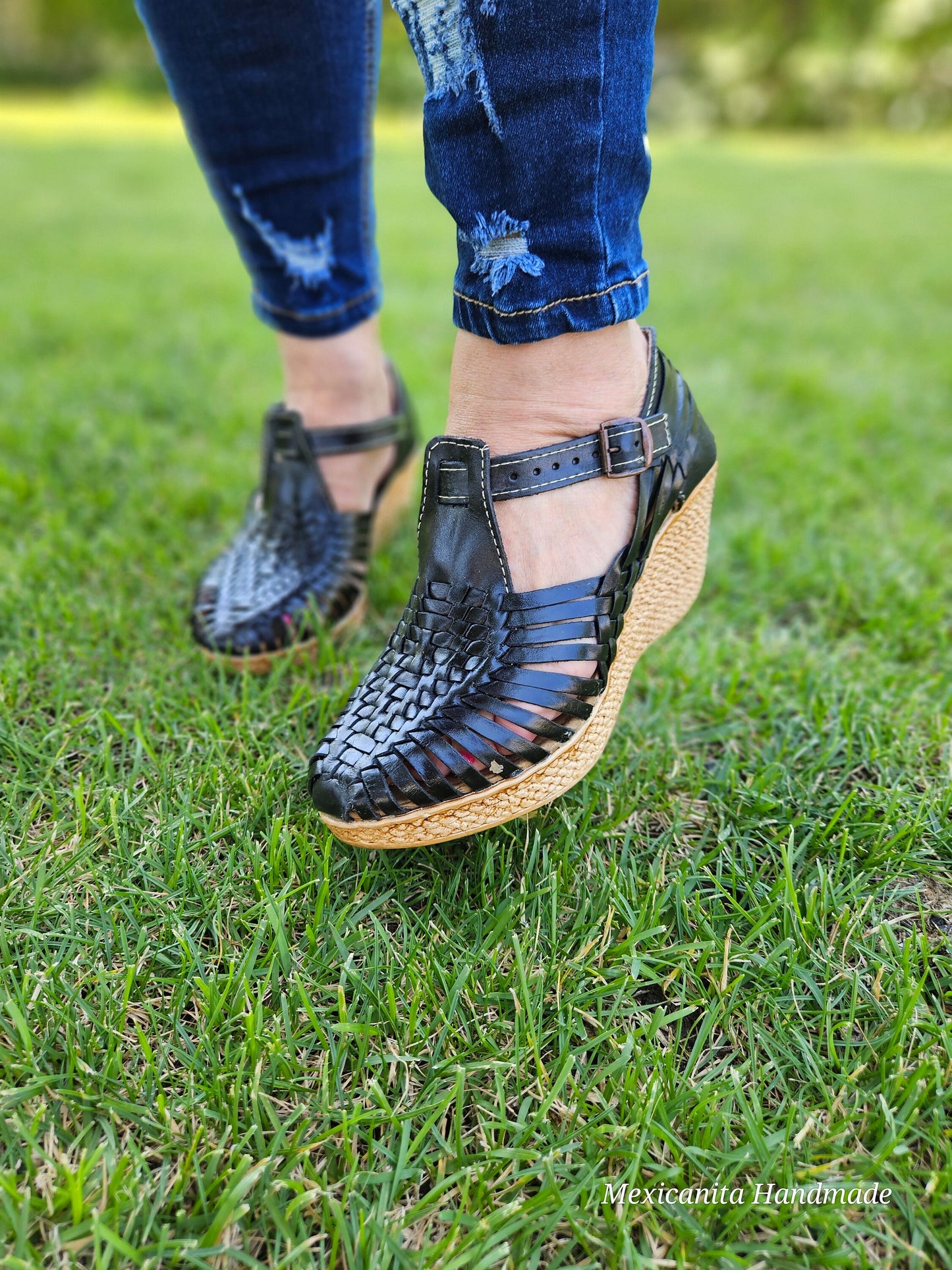 Hortensia black Mexican wedges/Mexican huarache//Mexican wedge sandal//Mexican heels//Huarache mexicano//Mexican sandal//Women's high heels