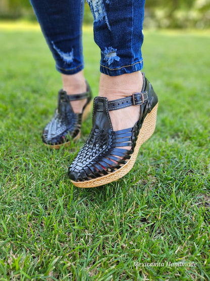 Hortensia black Mexican wedges/Mexican huarache//Mexican wedge sandal//Mexican heels//Huarache mexicano//Mexican sandal//Women's high heels