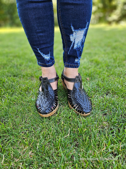 Hortensia black Mexican wedges/Mexican huarache//Mexican wedge sandal//Mexican heels//Huarache mexicano//Mexican sandal//Women's high heels