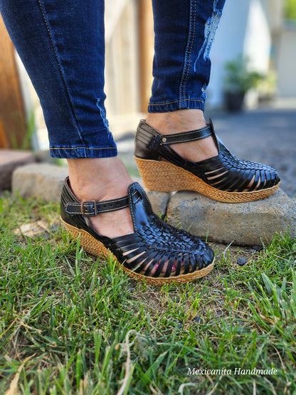 Hortensia black Mexican wedges/Mexican huarache//Mexican wedge sandal//Mexican heels//Huarache mexicano//Mexican sandal//Women's high heels