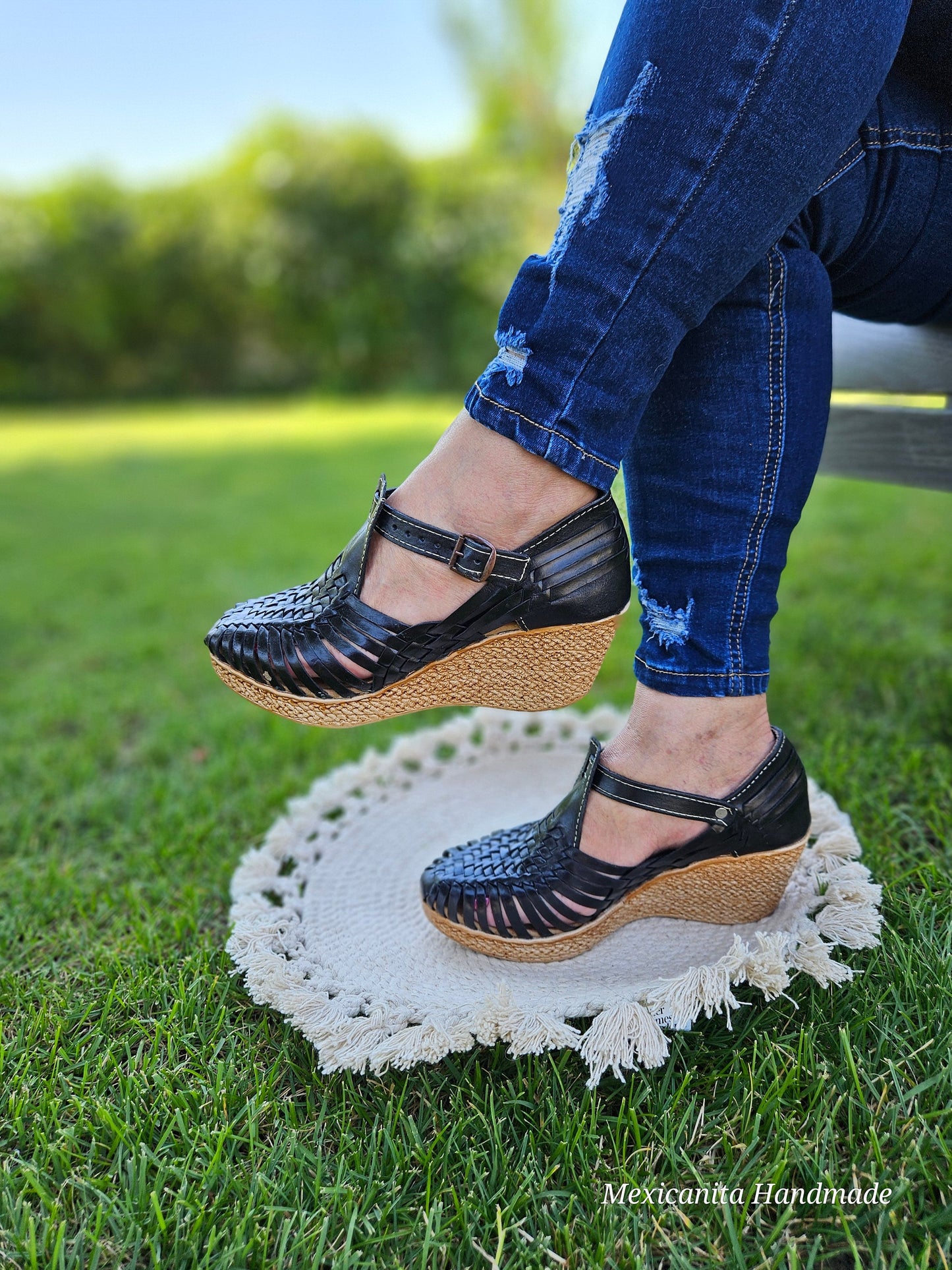 Hortensia black Mexican wedges/Mexican huarache//Mexican wedge sandal//Mexican heels//Huarache mexicano//Mexican sandal//Women's high heels