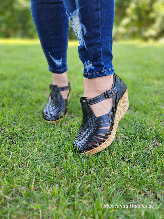 Hortensia black Mexican wedges/Mexican huarache//Mexican wedge sandal//Mexican heels//Huarache mexicano//Mexican sandal//Women's high heels