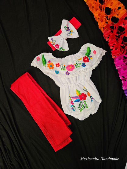 Mexican bodysuit for baby girl|| Embroidered bodysuit for baby girl,Mexican onesie||First fiesta outfit for baby girl||Bow and belt included