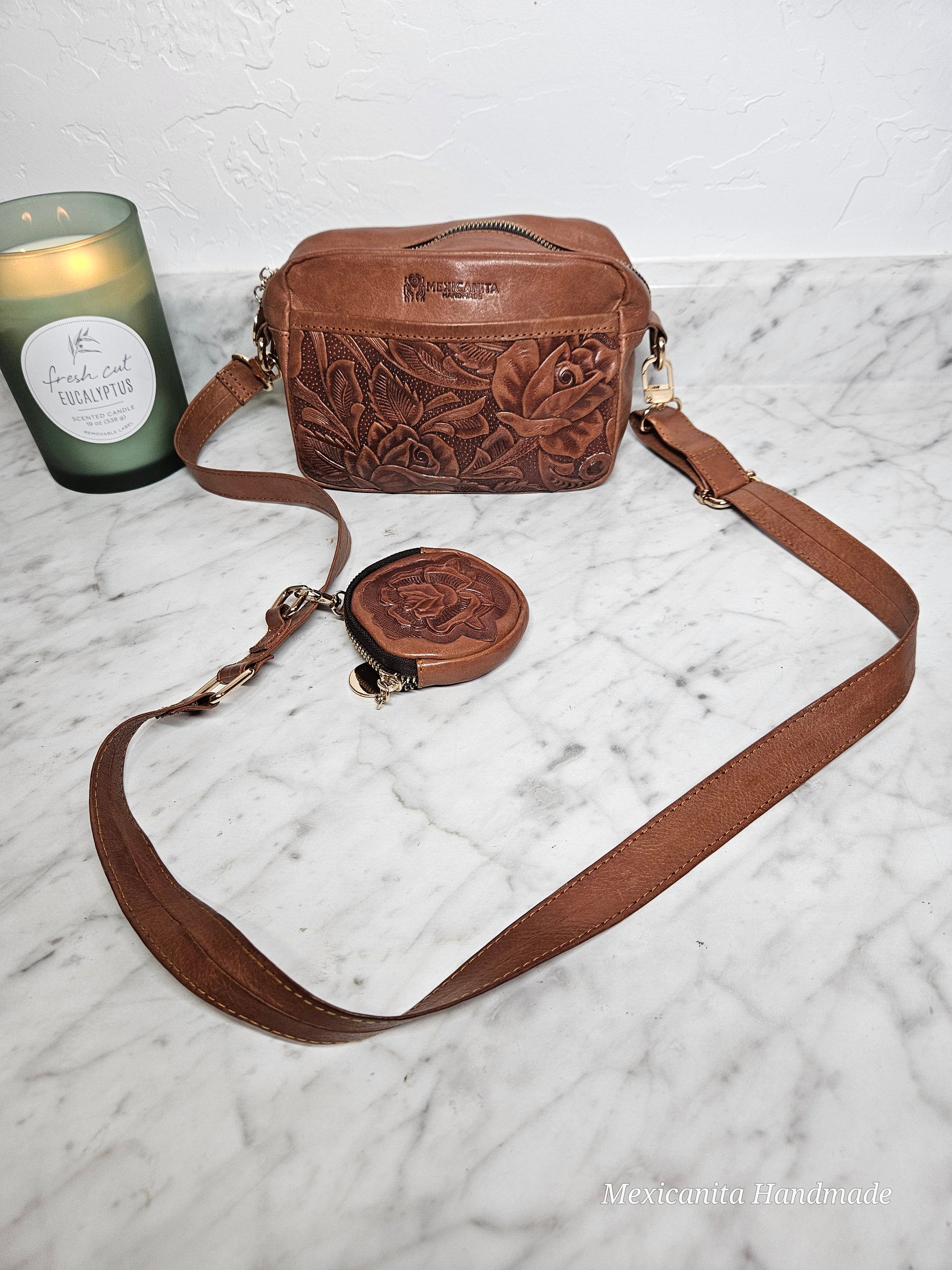 Shoulder bag with mini coin purse, hand tooled purse, Mexican purse, leather bag for women, crossbody With Coin Purse Pouch